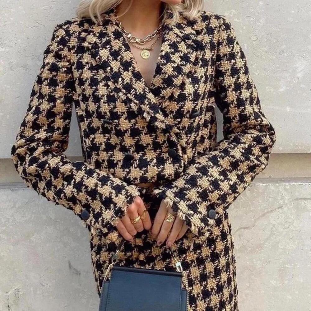 NWT ZARA Tweed Houndstooth Cropped Textured Blazer Jacket Brown Black SIZE S